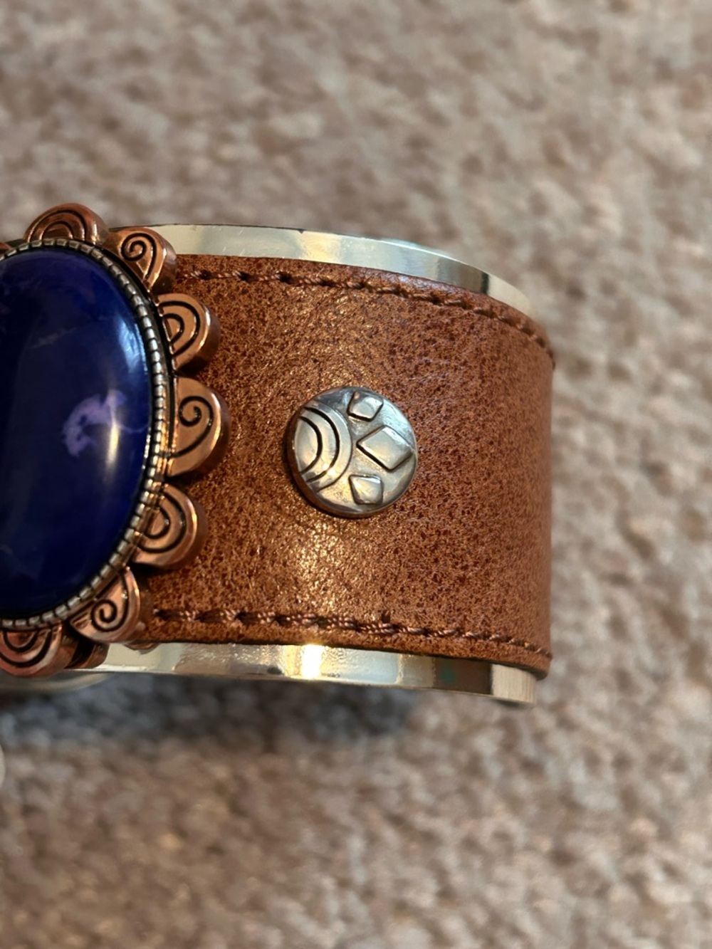 Rare Brighton Boho Flower Cuff Bracelet 💙 Leather, Copper, Blue Sodalite Stone - Picture 10 of 15